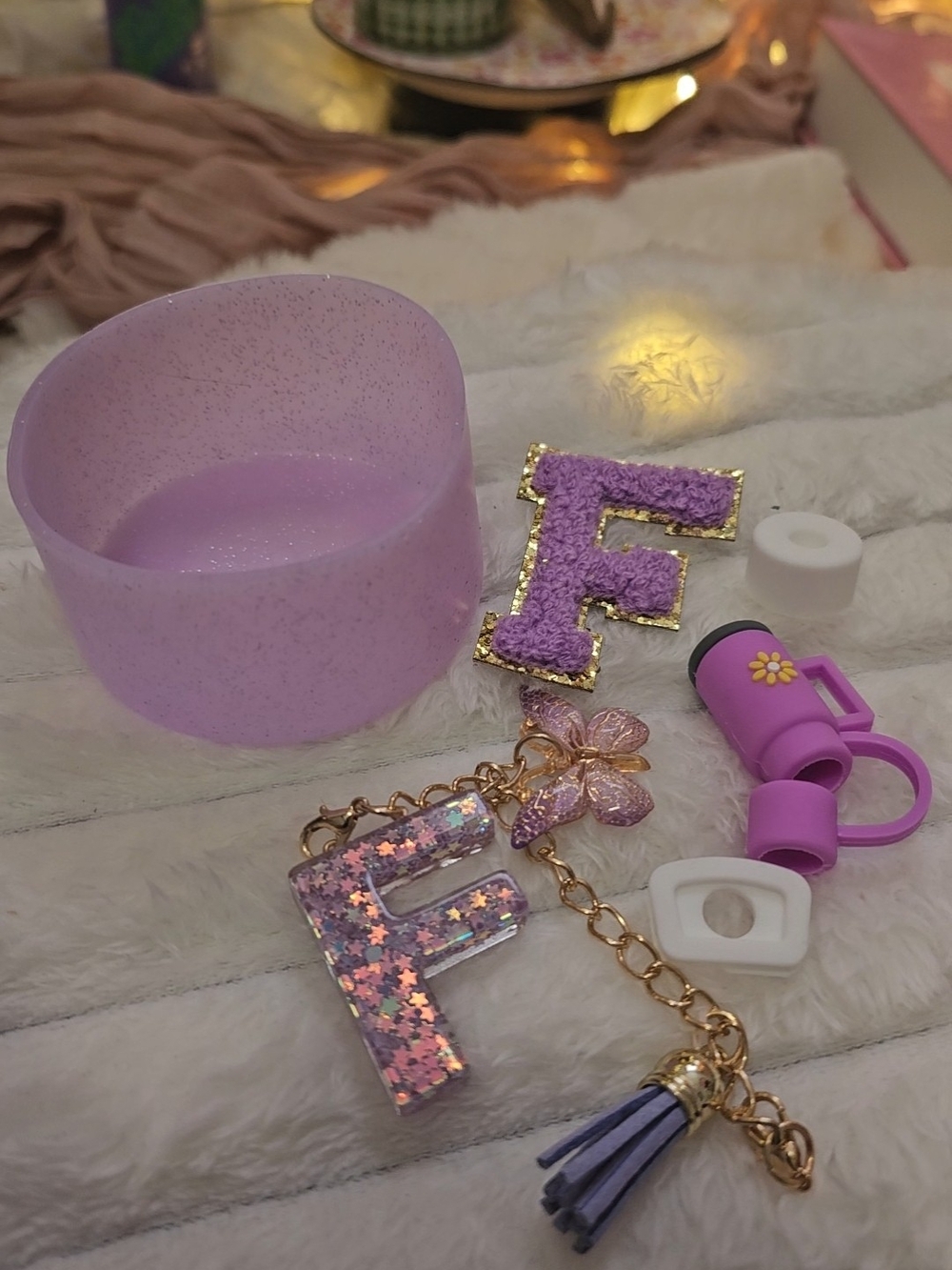 Lavender Glitter 'F' Charm Keychain & Accessories Set